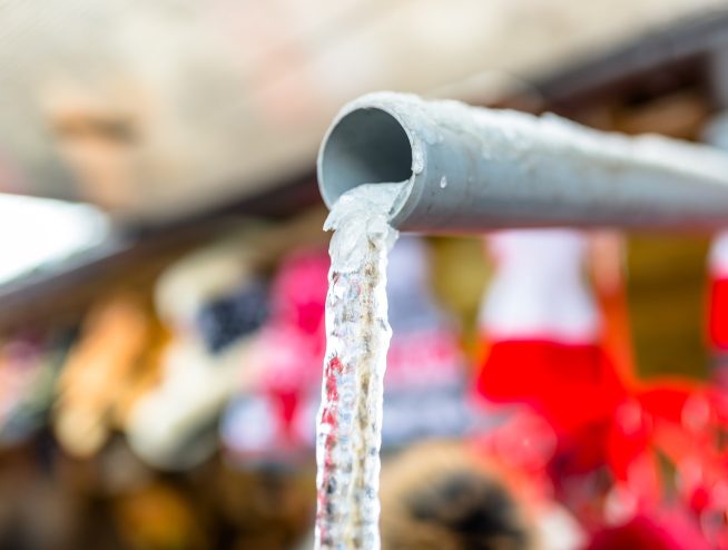 frozen water flowing from the roof through a plastic pipe with a string inside